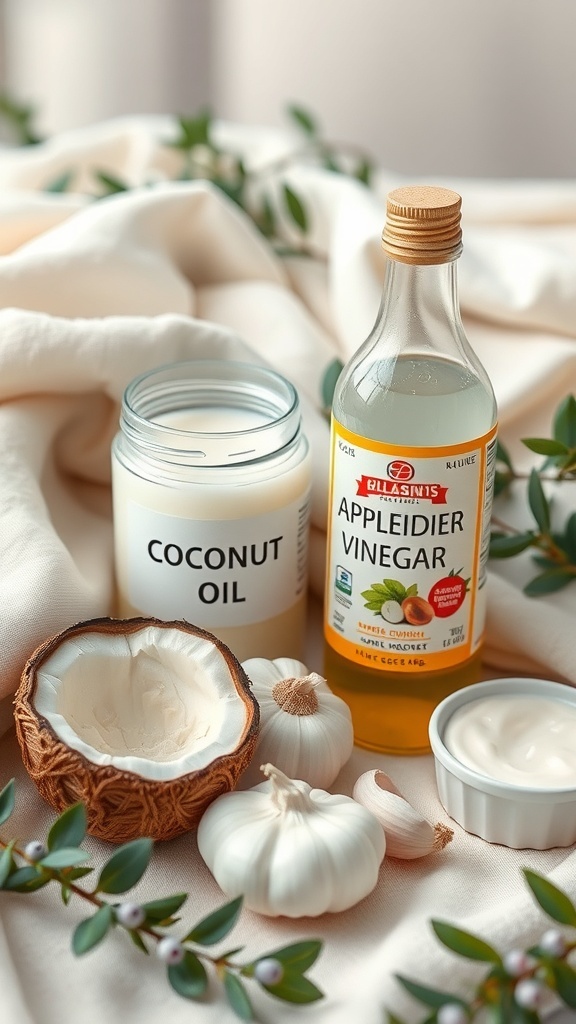 Effective Home Remedies for Yeast Infection Natural ingredients for yeast infection remedies: coconut oil, garlic, apple cider vinegar, and yogurt.